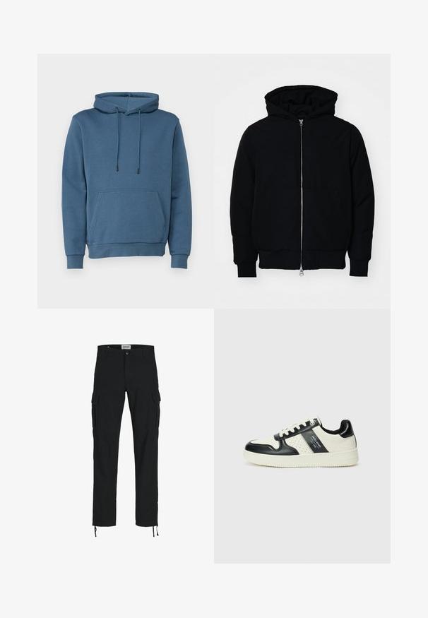 Black hooded jacket with front zipper, kangaroo pocket, ribbed cuffs, and hem, displayed on a plain white background.; Hooded sweatshirt in blue, with a front pocket, drawstrings, ribbed cuffs, and hem. Made from soft, textured fabric.; Black cargo pants with a straight cut, featuring side pockets, a button closure, and elastic drawstrings at the ankles. Made from durable fabric.; Leather sneakers with a black and cream color scheme, featuring perforated accents, a padded collar, and a textured outsole.