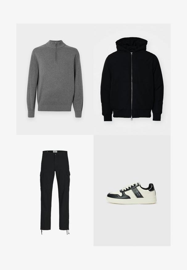 Čierna kapucňová bunda s predným zipsom, klokaními vreckami, rebrovanými manžetami a lemom, zobrazená na bielom pozadí.; Šedý pulóver so vysokým golierom a polovičným zipsom. Vyrobený z mäkkej tkaniny, obsahuje rebrované manžety a spodný okraj.; Čierne cargo nohavice so striha s priamym strihom, s bočnými vreckami, zapínaním na gombík a elastickými šnúrkami na členkoch. Vyrobené z odolnej tkaniny.; Kožené tenisky v čierno-krémovej farbe, s perforovanými akcentmi, polstrovaným golierom a štruktúrovanou podrážkou.