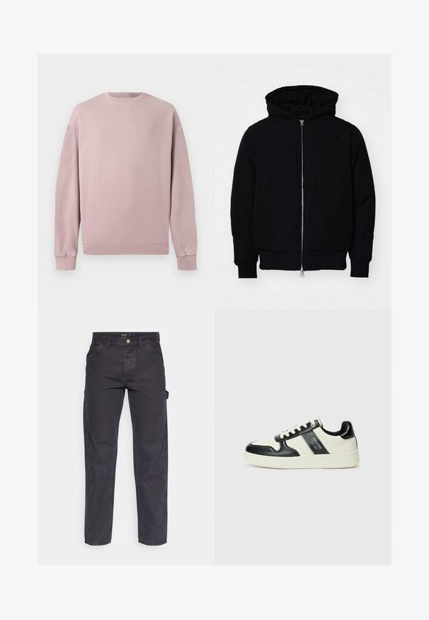 Fekete kapucnis dzseki elülső cipzárral, kenguruzsebbel, bordázott mandzsettákkal és aba, egy sima fehér háttér előtt.; Világos rózsaszín pulóver klasszikus kerek nyakkal, bordás mandzsettákkal és szegéllyel. Puha, textúrált anyagból készült. Egyszerű, minta nélküli dizájn.; Sötétszürke cargo nadrág tartós anyagból, egyenes szárú fazonnal, öt zsebbel és gombos derékzárral.; Fekete és krém színű bőrsneaker, perforált díszítésekkel, párnázott bokapánttal és texturált talppal.