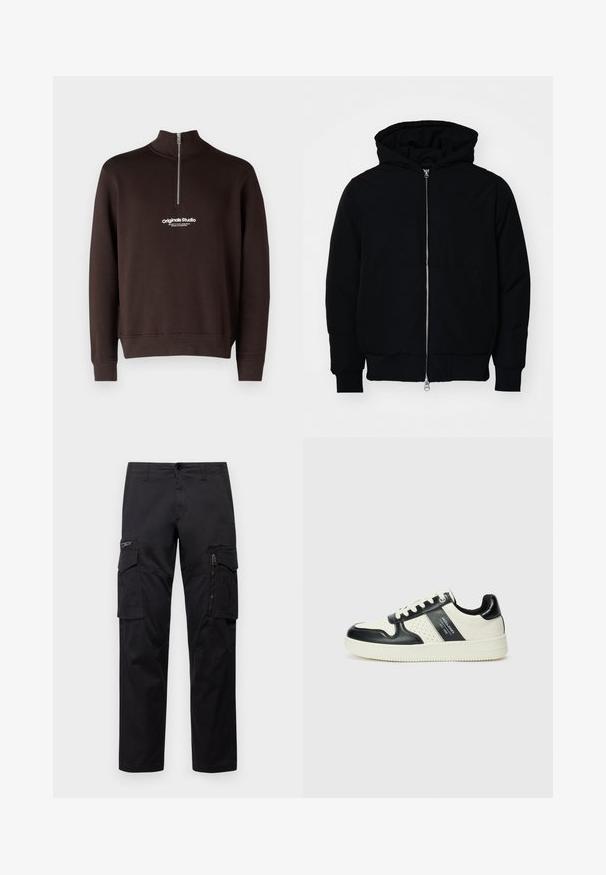Fekete kapucnis dzseki elülső cipzárral, kenguruzsebbel, bordázott mandzsettákkal és aba, egy sima fehér háttér előtt.; Barna pulóver magas gallérral és félig cipzáras záródással. A mellrészen fehér "originals Studio" logó található; bordázott mandzsettákkal és szegéllyel rendelkezik.; Fekete cargo nadrág, több zsebbel, cipzáras zsebbel a combon, egyenes szabással, erős, enyhén fényes pamut anyagból.; Fekete és krém színű bőrsneaker, perforált díszítésekkel, párnázott bokapánttal és texturált talppal.