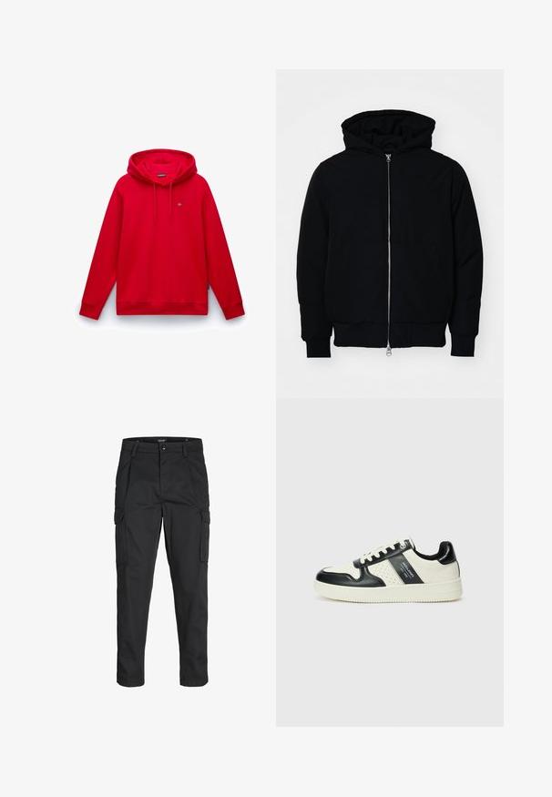 Mustat huppu-untuvatakki, jossa on vetoketju edessä, kenguru-tasku, ribatut hihansuut ja helma, esillä yksinkertaisella valkoisella taustalla.; Punainen huppari, jossa on kengurupocket, ribbaatut hihansuut ja helma sekä pieni brodeerattu logo rinnassa. Sileä kankaan pinta.; Mustat cargo-housut, jotka on valmistettu kestävästä kankaasta. Housuissa on useita taskuja, nappisulku ja kapea istuvuus, jossa on kapenevat lahkeet.; Nahkakengät musta-kerma värimaailmassa, joissa on rei'itetyt yksityiskohdat, pehmustettu nilkkaosa ja teksturoitu pohja.