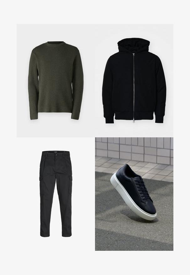 Juodas gobtuvėlis su priekiniu užtrauktuku, kengūros tipo kišene, lygiais rankogaliais ir apvadu, pateiktas ant vientiso balto fono.; Tamsiai žalias pūkuotas megztinis, pagamintas iš minkšto audinio. Apvali kaklo iškirptė, ilgomis rankovėmis ir laisva fasonu su glotnia tekstūra.; Juodi krovinių tipo džinsai, pagaminti iš tvirto audinio, su keliais kišeniais, mygtuko uždarymu ir siauru, prigludusiu dizainu su siaurėjančiomis kojomis.; Juodas odinis sportbačius su apvaliu pirštu ir baltu gumuotu padu. Turi plokščias raišteles ir minimalų siuvimą viršuje. Padangos tekstūra užtikrina sukibimą.