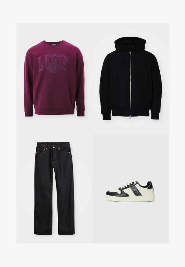 Fekete kapucnis dzseki elülső cipzárral, kenguruzsebbel, bordázott mandzsettákkal és aba, egy sima fehér háttér előtt.; Burgundi pulóver, kerek nyakkivágással, hosszú ujjaival és a mellkason lévő dombornyomott "LEVI'S" logóval. Puha, texturált anyagból készült.; Férfi egyenes szabású fekete farmernadrág öt zsebbel és narancssárga varrással, gombos és cipzáros záródással elöl.; Fekete és krém színű bőrsneaker, perforált díszítésekkel, párnázott bokapánttal és texturált talppal.