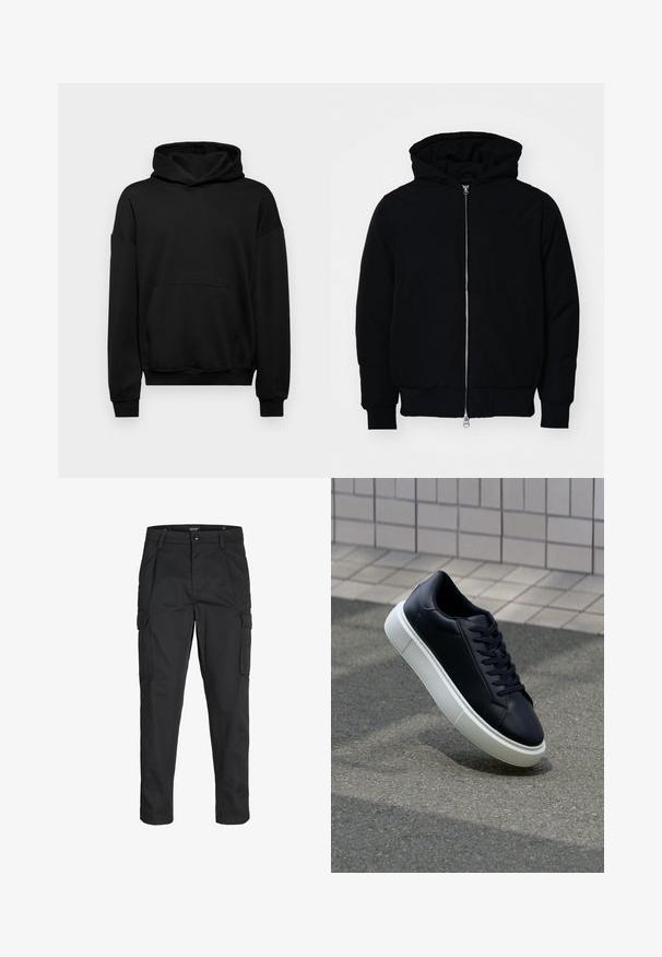 Črna kapuca jakna s sprednjim zadrgo, kenguru žepom, rebrastimi manšetami in hemom, razstavljena na enostavni beli ozadju.; Črna kapuca iz mešanice bombaža, ki ima velik sprednji žep, rebraste manšete in kapuco z vrvico. Preprosta, neokrašena zasnova.; Črne cargo hlače iz trdnega blaga, ki imajo več žepov, gumbasto zapiranje in ozek kroj z zožanimi nogami.; Črne usnjene superge z zaobljenim prstom in belim gumijastim podplat. Imajo ravne vezalke in minimalno šivanje na zgornjem delu. Teksturirani podplat za oprijem.