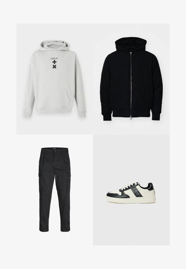 Svart huoodiejacka med framdragkedja, känguruficka, ribbade ärmslut och nederkant, uppställd mot en vit bakgrund.; Ljust grå huvtröja med en framficka, med svart "REPLAY"-text och grafiska symboler. Mjukt tyg, avslappnad passform, ribbade muddarna.; Svarta cargobyxor tillverkade av hållbart tyg, med flera fickor, knappstängning och en smal passform med avsmalnande ben.; Läder sneakers med en svart och krämfärgad färgsättning, med perforerade detaljer, en vadderad krage och en strukturerad yttersula.