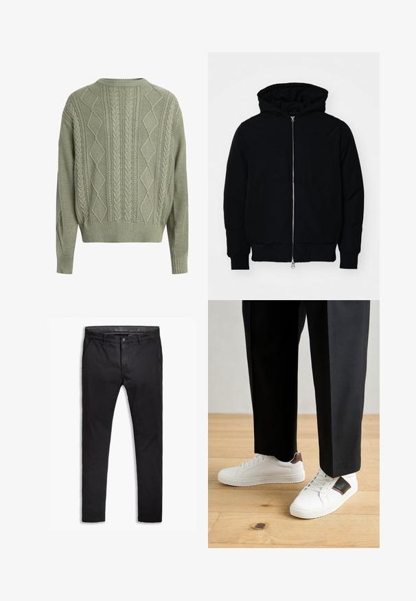 Melna kapucēta jaka ar priekšējo rāvējslēdzēju, kenguru kabatu, ribinātām aprocēm un apakšmalu, parādīta uz vienkārša balta fona.; Zaļš adīts džemperis ar dimanta un pītu rakstu, apaļu kakla izgriezumu un ribotām piedurknēm un apakšmalu, izgatavots no tekstru adījuma materiāla.; Melnas kokvilnas chinos bikses ar sašaurinātu piegriezumu, piecas kabatas, jostas cilpas un gludu audumu. Ar rāvējslēdzēju un pogu aizdari.; Baltā pārsoļa apavi ar gludu tekstūru, papildināti ar brūniem ādas akcentiem un melniem elementiem, savienoti ar melnām pielāgotām biksēm. Koka grīdas fons.