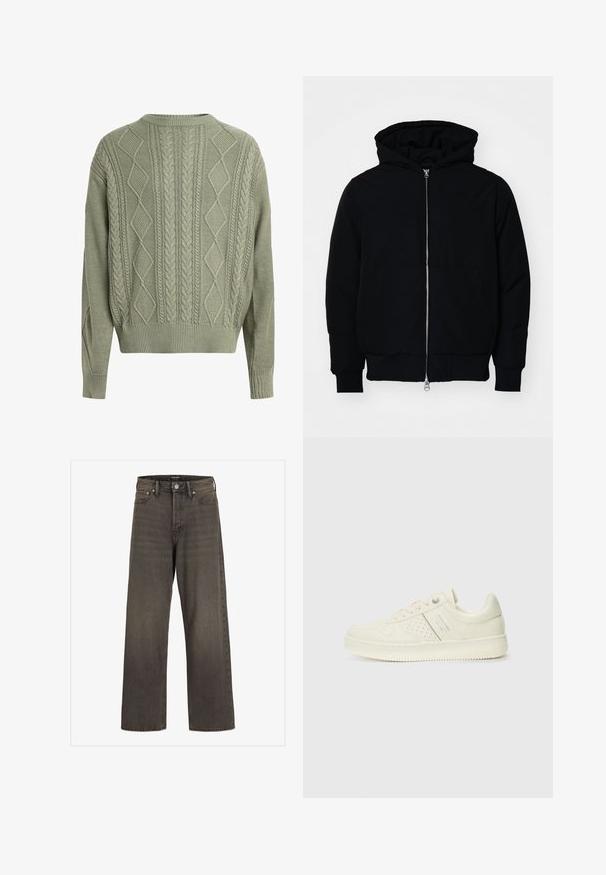 Schwarze Kapuzenjacke mit Frontreißverschluss, Kängurutasche, gerippten Bündchen und Saum, auf einem schlichten weißen Hintergrund präsentiert.; Grün gestrickter Pullover mit Rauten- und Zopfmuster, rundem Ausschnitt sowie Rippbündchen und -saum, aus einem strukturierten Strickmaterial.; Weite Jeans aus dunkelgrauem Denim mit hoher Taille, klassischem Fünf-Taschen-Design und kontrastierendem Stepp entlang der Nähte.; Cremefarbene Sneaker mit perforierten Details, Schnürsenkeln und Logo an der Seite, vor einem schlichten weißen Hintergrund präsentiert.