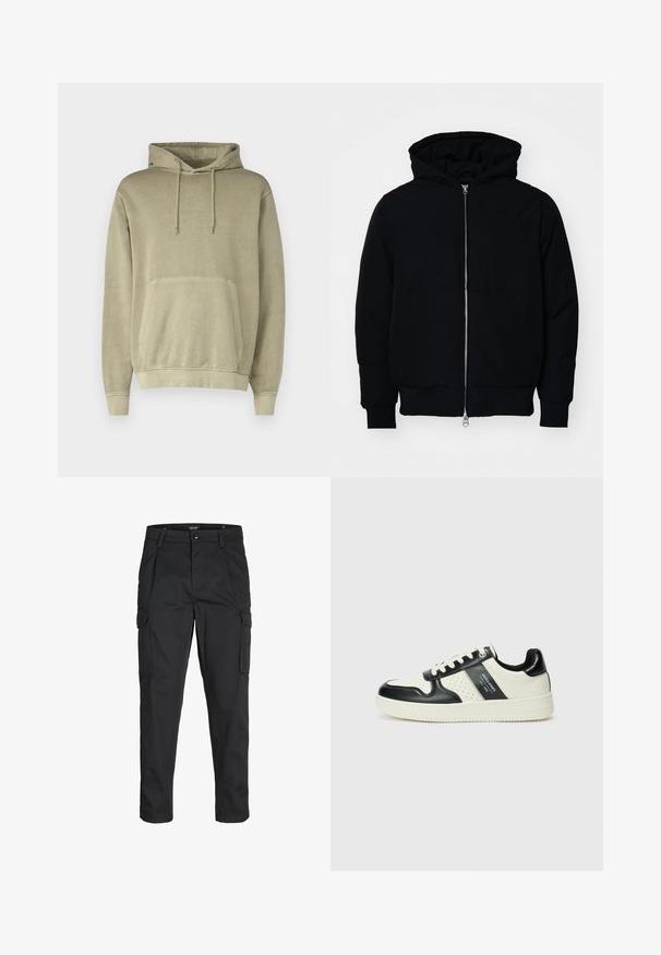 Black hooded jacket with front zipper, kangaroo pocket, ribbed cuffs, and hem, displayed on a plain white background.; Khaki hoodie with a drawstring hood, kangaroo pocket, and ribbed cuffs. Made from soft fabric with a smooth texture.; Black cargo pants made of sturdy fabric, featuring multiple pockets, a button closure, and a slim fit design with tapered legs.; Leather sneakers with a black and cream color scheme, featuring perforated accents, a padded collar, and a textured outsole.