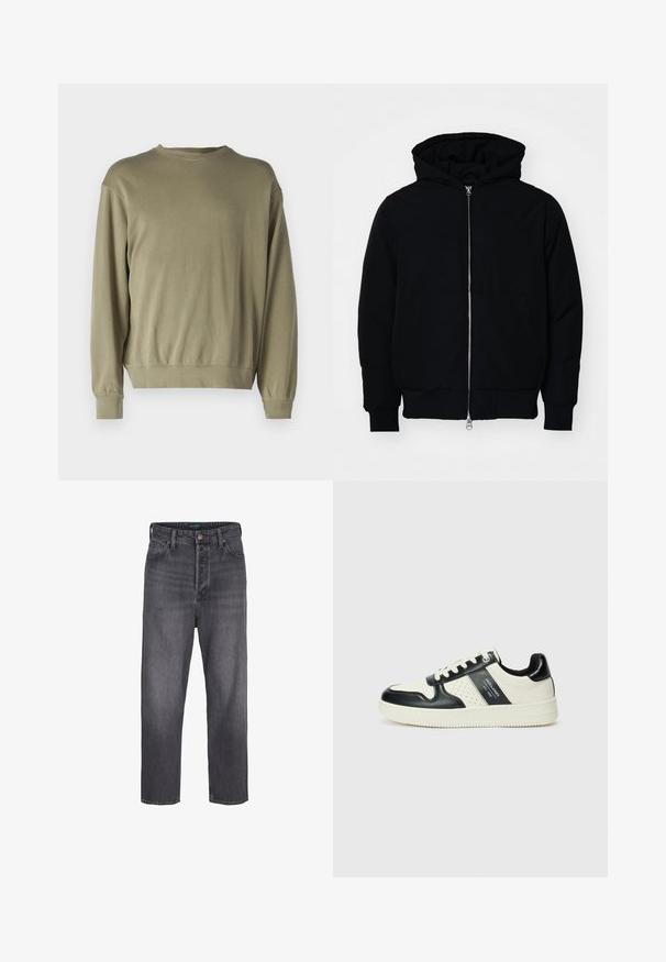 Črna kapuca jakna s sprednjim zadrgo, kenguru žepom, rebrastimi manšetami in hemom, razstavljena na enostavni beli ozadju.; Olivno zelena, dolgrokavni pulover iz mehkega bombažnega materiala. Ima okroglo ovratnico in rebraste manšete ter sproščen kroj.; Temno sivi kavbojke z ravnimi hlačnicami, visokim pasom, petimi žepi in svetlim bledenjem. Zapiranje z kovinskim gumbom in zadrgo.; Usnjeni športni čevlji z črno in krem barvno shemo, ki vključujejo perforirane dodatke, podložen ovratnik in strukturirano podplat.