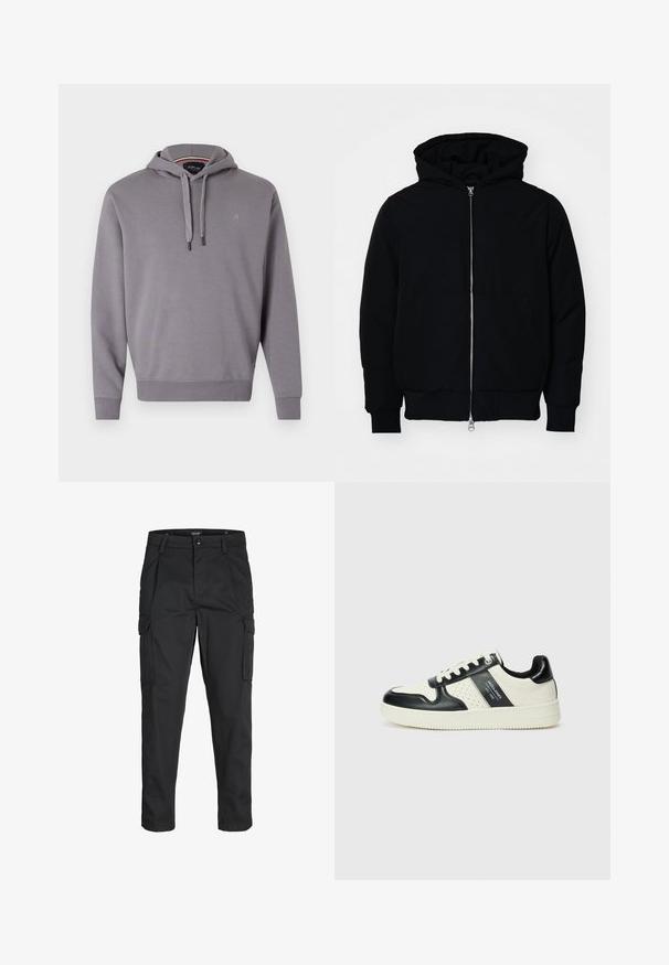 Čierna kapucňová bunda s predným zipsom, klokaními vreckami, rebrovanými manžetami a lemom, zobrazená na bielom pozadí.; Sivá mikina s kapucňou na šnúrku, ribbovanými manžetami a lemom, so malým logom na hrudi. Mäkká tkanina s hladkou textúrou.; Čierne cargo nohavice z odolnej látky, s viacerými vreckami, gombíkovým zapínaním a úzkym strihom so zúženými nohavicami.; Kožené tenisky v čierno-krémovej farbe, s perforovanými akcentmi, polstrovaným golierom a štruktúrovanou podrážkou.
