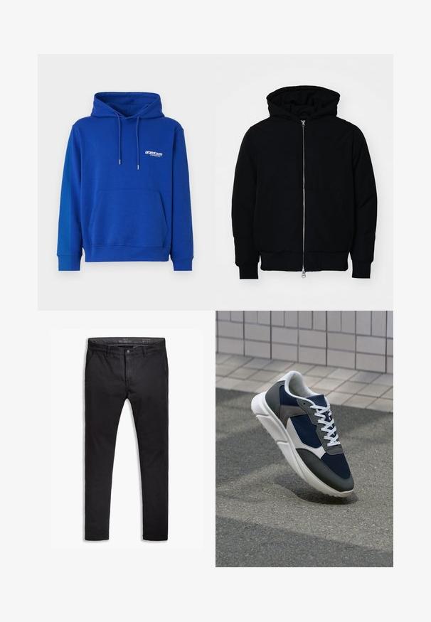 Chaqueta negra con capucha, cierre frontal, bolsillo tipo canguro, y puños y dobladillo acanalados, exhibida sobre un fondo blanco liso.; Sudadera azul con capucha y bolsillo tipo canguro, capucha ajustable con cordón, y puños acanalados. Presenta un pequeño logo blanco en el pecho. Textura suave.; Chinos de algodón negro con un ajuste entallado, que cuentan con cinco bolsillos, pasadores para cinturón y una textura suave. Cierre de cremallera con botón.; Zapatillas con una parte superior de malla azul marino, detalles en gamuza gris, suela de goma blanca y cordones blancos planos, diseñadas para la comodidad y transpirabilidad.