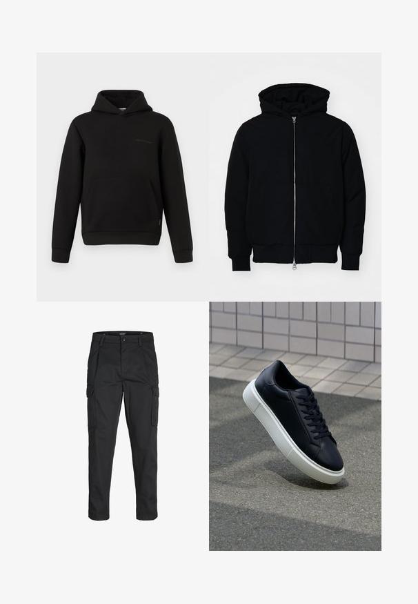 Svart hettejakke med frontglidelås, kengurulomme, ribbestrikket mansjetter og søm, vist på en ensfarget hvit bakgrunn.; Svart hettegenser med kenguruhylse foran, lange ermer og en liten horisontal sømdetalj på venstre bryst mot en hvit bakgrunn.; Sorte cargo bukser laget av slitesterkt stoff, med flere lommer, knappelukking og en slim fit-design med avsmalnede ben.; Sorte skinnsneakers med rund tå og hvit gummisåle. Har flate lisser og minimal søm på overdelen. Strukturert såle for grep.