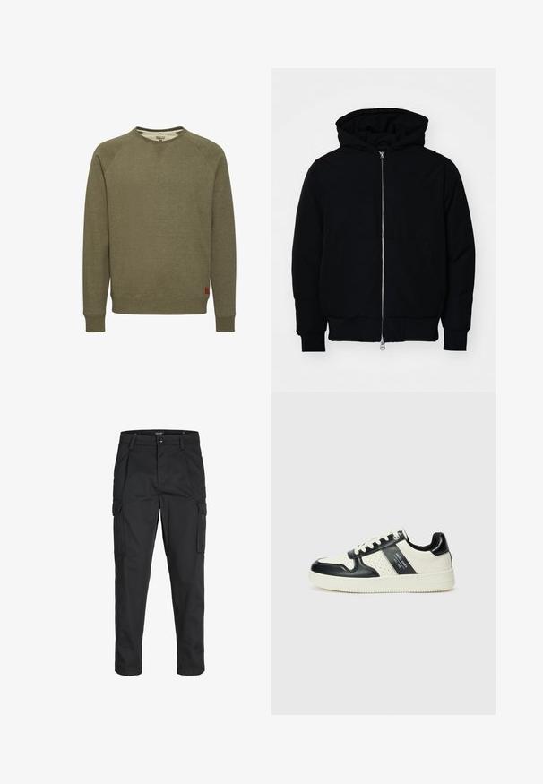 Veste à capuche noire avec fermeture éclair sur le devant, poche kangourou, poignets et ourlet côtelés, présentée sur un fond blanc uni.; Sweatshirt vert olive en tissu doux, avec un col rond, des poignets et une base côtelés, et une petite étiquette logo rouge en bas à gauche.; Pantalons cargo noirs en tissu résistant, dotés de plusieurs poches, d'une fermeture par bouton et d'une coupe slim avec des jambes fuselées.; Baskets en cuir avec un schéma de couleurs noir et crème, dotées d'accents perforés, d'un col rembourré et d'une semelle texturée.