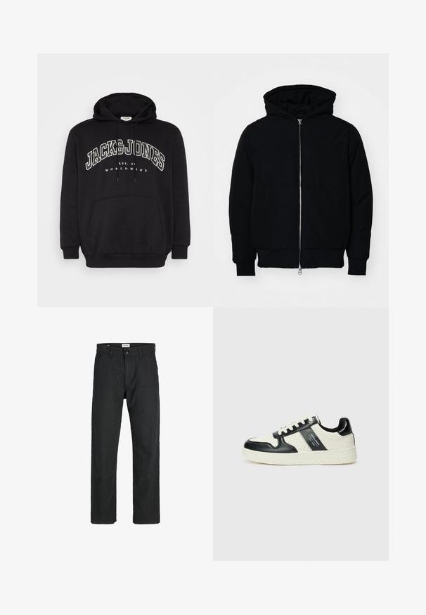 Giacca nera con cappuccio, dotata di zip frontale, tasca a marsupio, polsini e orlo a coste, esposta su uno sfondo bianco semplice.; Felpa nera in tessuto misto cotone. Presenta una tasca a marsupio frontale, cappuccio con coulisse e logo del marchio stampato in bianco sul petto.; Pantaloni neri realizzati in tessuto resistente, caratterizzati da un design a gamba dritta, dettagli cuciti e due tasche frontali per la funzionalità.; Sneakers in pelle con una combinazione di colori nero e crema, dotati di dettagli perforati, collare imbottito e suola testurizzata.