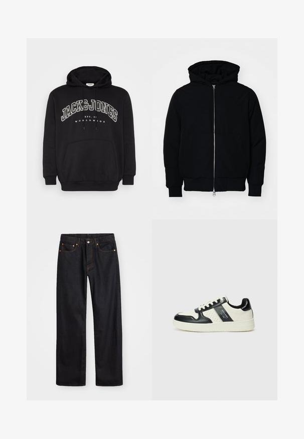 Jachetă neagră cu glugă, cu fermoar în față, buzunar tip kangaroo, mansete și tiv ribbed, prezentată pe un fundal alb simplu.; Hanorac negru dintr-un material din amestec de bumbac. Are un buzunar frontal tip kanguru, o glugă cu șiret și un logo de marcă imprimat alb pe piept.; Jeans negri din denim pentru bărbați, cu croială dreaptă, cinci buzunare și cusături portocalii, închidere cu nasture și fermoar pe talie.; Tenisi din piele cu un scheme de culori negru și crem, dotati cu accente perforate, guler căptușit și o talpă texturată.