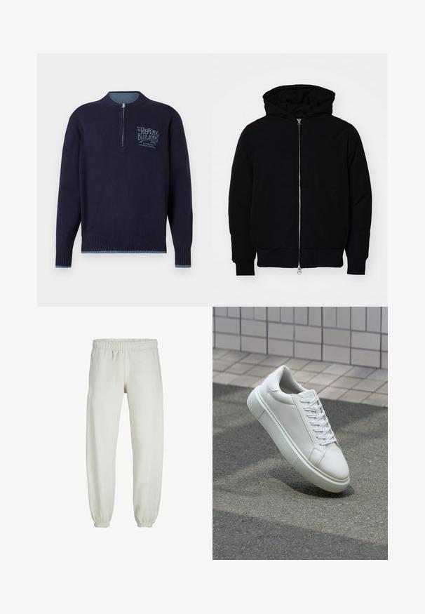 Mustaga kapuutsiga jakk, millel on esineed, kenguru tasku, soonikkoes, ja alläär, esitatud lihtsal valgel taustal.; Tumesinise pika varrukaga pullover, millel on veerandist tõmba, soonikkoes mansetid ja äär, ning helesinine "Replay Blue Jeans" logo vasakul rinnal.; Valged trennipüksid, mis on valmistatud pehmest kangast, elastse vöökoha ja mansettidega, sileda tekstuuri ja lõdva lõikega.; Valge nahkline sneka, millel on sile pind, ümar varvas ja lame valge pael. Omab tekstuuriga kummist talla ja minimaalset kujunduselementi.