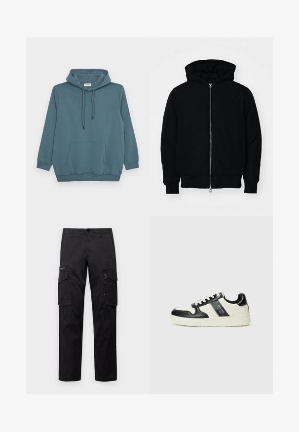 Veste à capuche noire avec fermeture éclair sur le devant, poche kangourou, poignets et ourlet côtelés, présentée sur un fond blanc uni.; Hoodie bleu-vert avec capuche à cordon de serrage, manches longues, poche kangourou à l'avant, et poignets et ourlet côtelés en tissu lisse.; Pantalons cargo noirs avec plusieurs poches, une poche zippée sur la cuisse, coupe droite et tissu en coton résistant avec un léger éclat.; Baskets en cuir avec un schéma de couleurs noir et crème, dotées d'accents perforés, d'un col rembourré et d'une semelle texturée.