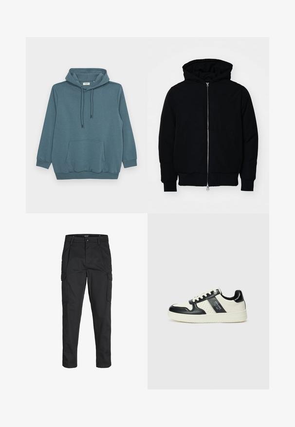 Chaqueta negra con capucha, cierre frontal, bolsillo tipo canguro, y puños y dobladillo acanalados, exhibida sobre un fondo blanco liso.; Sudadera color teal con capucha ajustable, mangas largas, un bolsillo tipo canguro en la parte frontal y puños y dobladillo acanalados en una tela suave.; Pantalones cargo negros hechos de tela resistente, que cuentan con múltiples bolsillos, un cierre de botón y un diseño de corte slim con piernas ajustadas.; Zapatillas de cuero con un esquema de colores negro y crema, que cuentan con acentos perforados, un collar acolchado y una suela texturizada.