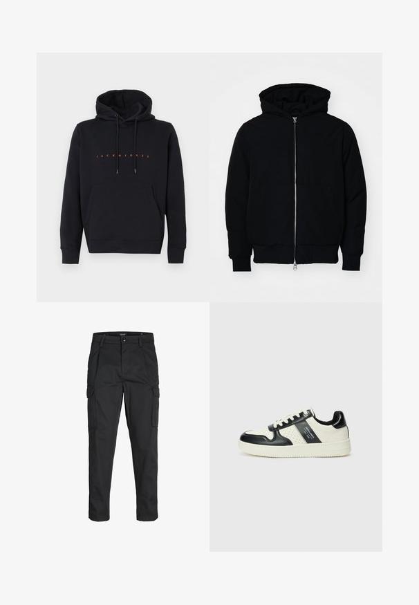 Schwarze Kapuzenjacke mit Frontreißverschluss, Kängurutasche, gerippten Bündchen und Saum, auf einem schlichten weißen Hintergrund präsentiert.; Schwarzer Kapuzenpullover mit vorderer Kängurutasche und orangefarbener "JACK & JONES"-Aufschrift zentriert auf der Brust, flach liegend auf weißem Hintergrund.; Schwarze Cargo-Hose aus robustem Material, mit mehreren Taschen, einem Knopfverschluss und einem Slim-Fit-Design mit schmal zulaufenden Beinen.; Leder-Sneaker in Schwarz- und Cremetönen, mit perforierten Akzenten, einem gepolsterten Kragen und einer strukturierten Laufsohle.