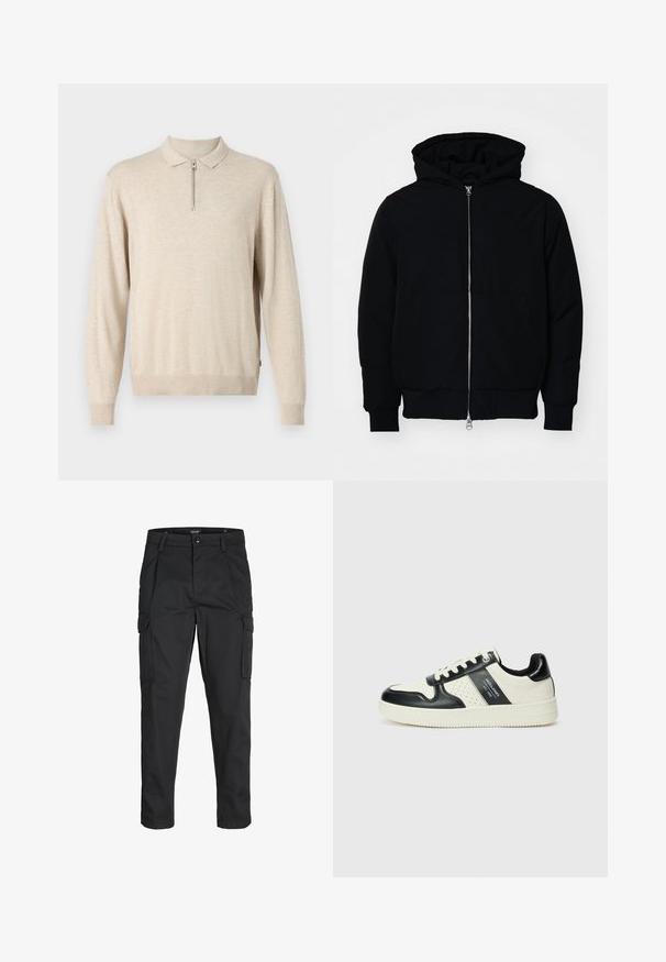 Chaqueta negra con capucha, cierre frontal, bolsillo tipo canguro, y puños y dobladillo acanalados, exhibida sobre un fondo blanco liso.; Suéter beige de manga larga con cuello tipo polo y cierre de cremallera. Hecho de material suave con puños y dobladillo acanalados.; Pantalones cargo negros hechos de tela resistente, que cuentan con múltiples bolsillos, un cierre de botón y un diseño de corte slim con piernas ajustadas.; Zapatillas de cuero con un esquema de colores negro y crema, que cuentan con acentos perforados, un collar acolchado y una suela texturizada.