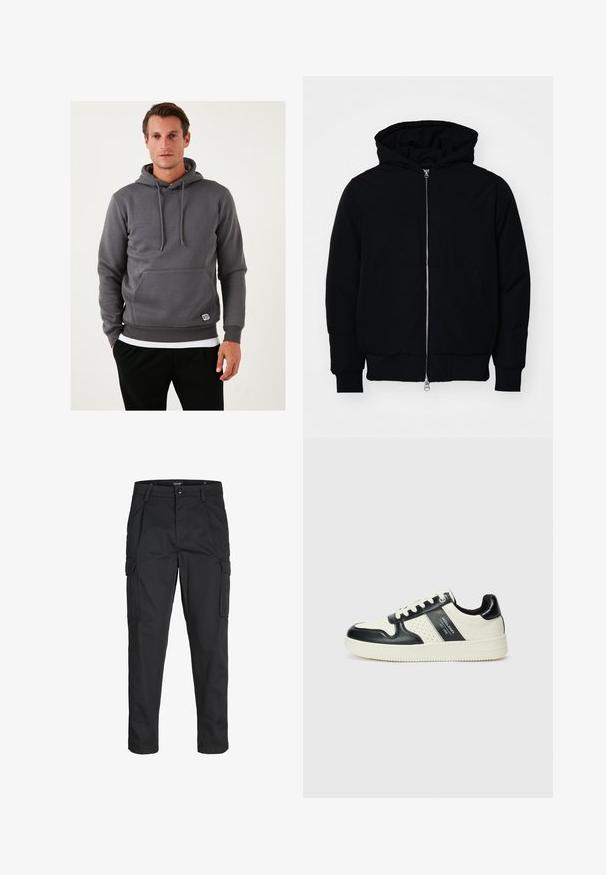 Chaqueta negra con capucha, cierre frontal, bolsillo tipo canguro, y puños y dobladillo acanalados, exhibida sobre un fondo blanco liso.; Sudadera gris con capucha, con un bolsillo tipo canguro, cordones, puños y dobladillo acanalados. Tejido texturizado con un pequeño parche de logo en la parte frontal.; Pantalones cargo negros hechos de tela resistente, que cuentan con múltiples bolsillos, un cierre de botón y un diseño de corte slim con piernas ajustadas.; Zapatillas de cuero con un esquema de colores negro y crema, que cuentan con acentos perforados, un collar acolchado y una suela texturizada.