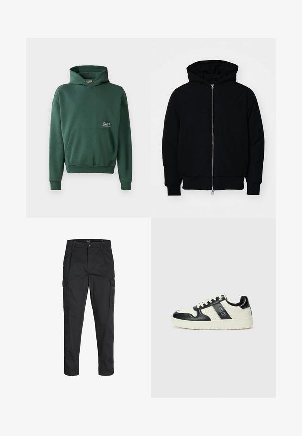 Black hooded jacket with front zipper, kangaroo pocket, ribbed cuffs, and hem, displayed on a plain white background.; Green hooded sweatshirt made of soft fabric featuring a front kangaroo pocket and an embroidered 2013 detail on the chest.; Black cargo pants made of sturdy fabric, featuring multiple pockets, a button closure, and a slim fit design with tapered legs.; Leather sneakers with a black and cream color scheme, featuring perforated accents, a padded collar, and a textured outsole.