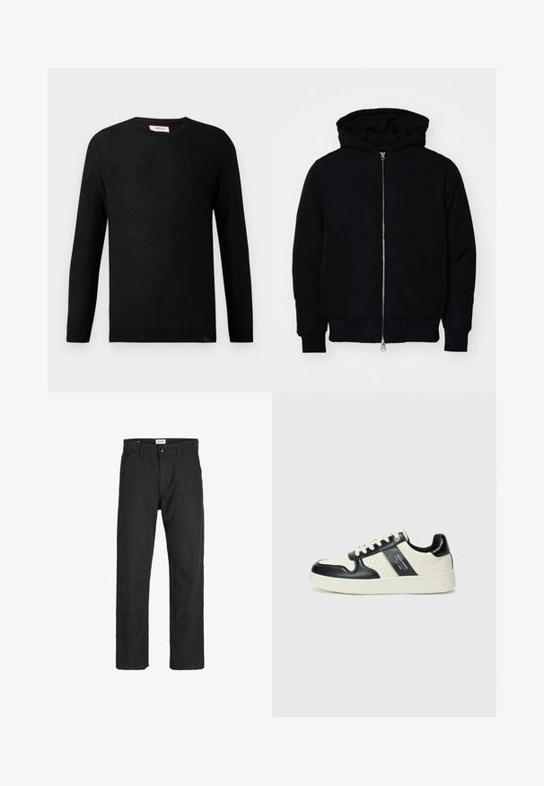 Črna kapuca jakna s sprednjim zadrgo, kenguru žepom, rebrastimi manšetami in hemom, razstavljena na enostavni beli ozadju.; Črn pleten pulover z dolgimi rokavi in okroglo izrezom. Subtle tekstura in majhen logotip na prsih. Klasičen in vsestranski dizajn.; Črne hlače iz trpežnega materiala, s krojem naravnih nog, našitki ter dvema sprednjima žepoma za funkcionalnost.; Usnjeni športni čevlji z črno in krem barvno shemo, ki vključujejo perforirane dodatke, podložen ovratnik in strukturirano podplat.