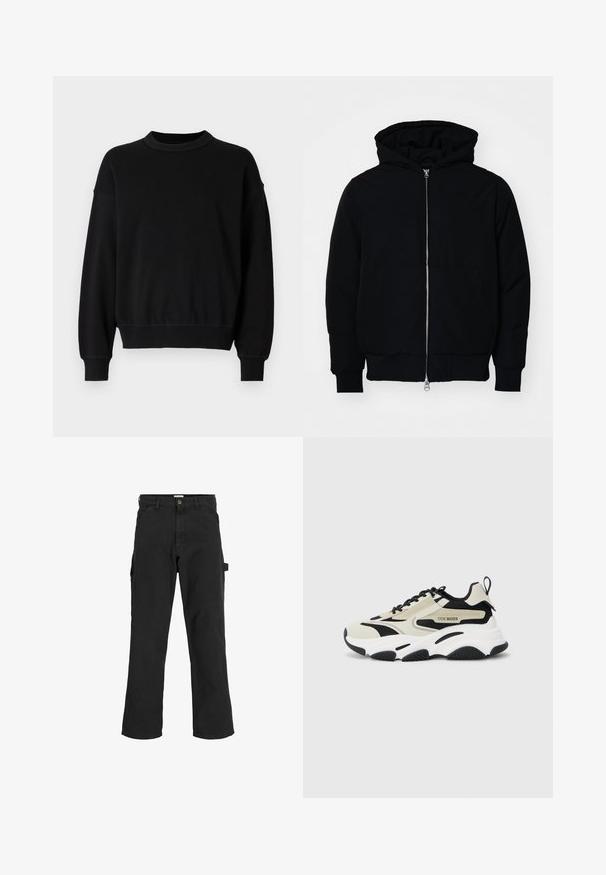 Fekete kapucnis dzseki elülső cipzárral, kenguruzsebbel, bordázott mandzsettákkal és aba, egy sima fehér háttér előtt.; Fekete pulóver sima anyagból, kerek nyakkivágással, hosszú ujjal és szűkített mandzsettával, laza fazonnal deréktájon.; Fekete cargo nadrág pamut keverékből készült. Széles lábakkal, elöl ferdén zsebekkel és egy oldalsó zsebbel rendelkezik, amelyen egy hurok található kiegészítők számára.; Dundi sportcipő bézs és fekete hálós felsőrésszel, fehér középtalp, fekete gumitalp, és logó részletekkel az oldalon.