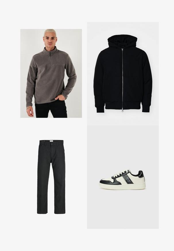 Melna kapucēta jaka ar priekšējo rāvējslēdzēju, kenguru kabatu, ribinātām aprocēm un apakšmalu, parādīta uz vienkārša balta fona.; Pelēks flīsa džemperis ar ceturtdaļas rāvējslēdzēju, garām piedurknēm un gludu tekstūru. Akcentēts ar vienkāršu šuvju visā krūtīs.; Melnas bikses no izturīga auduma, ar taisna griezuma dizainu, izšūtām akcentiem un divām priekšējām kabatām funkcionālitātei.; Ādas sporta apavi ar melnbaltu krāsu shēmu, ar perforētiem akcentiem, mīkstinātu apkakli un teksturētu zoli.