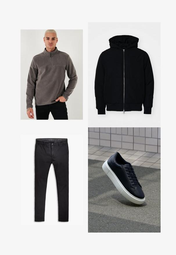 Schwarze Kapuzenjacke mit Frontreißverschluss, Kängurutasche, gerippten Bündchen und Saum, auf einem schlichten weißen Hintergrund präsentiert.; Grauer Fleece-Pullover mit einem Viertelreißverschluss-Kragen, langen Ärmeln und einer glatten Textur. Mit einer einfachen Naht über der Brust akzentuiert.; Schwarze Baumwollchinos mit einem schmalen Schnitt, ausgestattet mit fünf Taschen, Gürtelschlaufen und einer glatten Textur. Reißverschluss mit Knopfverschluss.; Schwarze Leder-Sneaker mit runder Zehenpartie und weißer Gummisohle. Verfügt über flache Schnürsenkel und minimale Nähte im Obermaterial. Strukturiertes Sohlenprofil für besseren Halt.