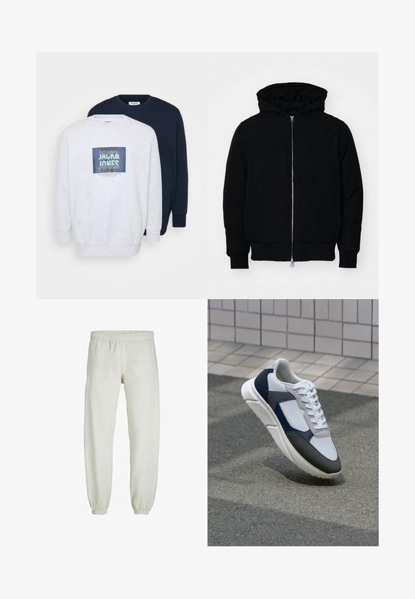 Mustaga kapuutsiga jakk, millel on esineed, kenguru tasku, soonikkoes, ja alläär, esitatud lihtsal valgel taustal.; Kaks saanud kraega dressipluusi: üks heledashall grafiikaprindiga ja teine tumesinine. Mõlemad on valmistatud pehmest kangast, millel on soonikkoes mansetid.; Valged trennipüksid, mis on valmistatud pehmest kangast, elastse vöökoha ja mansettidega, sileda tekstuuri ja lõdva lõikega.; Valge, mereväe sinine ja hall spordijalats, millel on segatud materjalide disain, tekstureeritud ülemine osa, lame pael ja pehme talla.