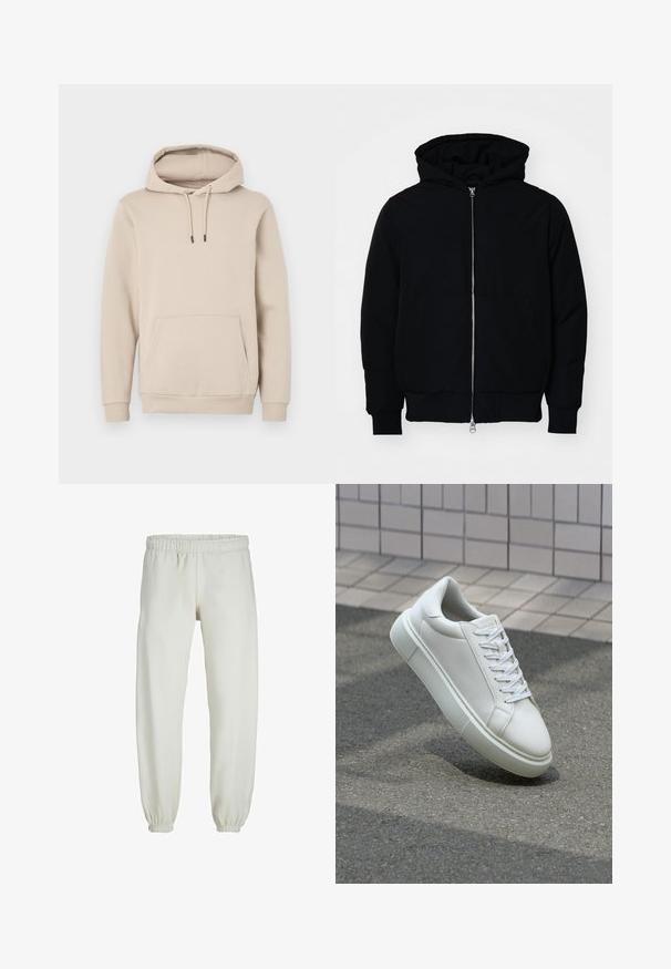 Black hooded jacket with front zipper, kangaroo pocket, ribbed cuffs, and hem, displayed on a plain white background.; Hooded sweatshirt in light beige, made of soft fabric. Features a front pouch pocket and adjustable drawstrings with black tips. Ribbed cuffs.; White sweatpants made from soft fabric, featuring an elastic waistband and cuffs, with a smooth texture and loose-fitting design.; White leather sneaker with a smooth surface, round toe, and flat white laces. Features a textured rubber sole and minimal design elements.