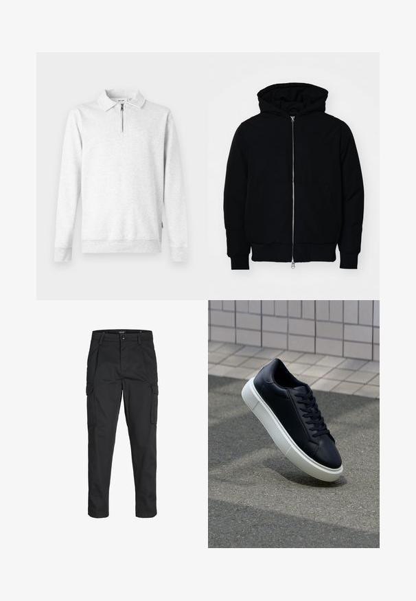 Mustaga kapuutsiga jakk, millel on esineed, kenguru tasku, soonikkoes, ja alläär, esitatud lihtsal valgel taustal.; Heled hall sweatshirt, mille krae ja lukuga, pikkade varrukatega, ribaga mansettide ja äärega. Valmistatud pehmest, tekstureeritud kangast. Ilma mustrite või detailideta.; Mustad mustapõlvik, mis on valmistatud tugeva koe kasutades, sisaldab mitmeid taskuid, nupule kinnitatav sulgemine ja kitsenev disain.; Mustast nahast tennisetoss, millel on ümar nina ja valge kummist tall. Omab siredaid paelu ja minimaalset õmblemist ülemises osas. Tekstuuriga tald, mis tagab haakuvuse.