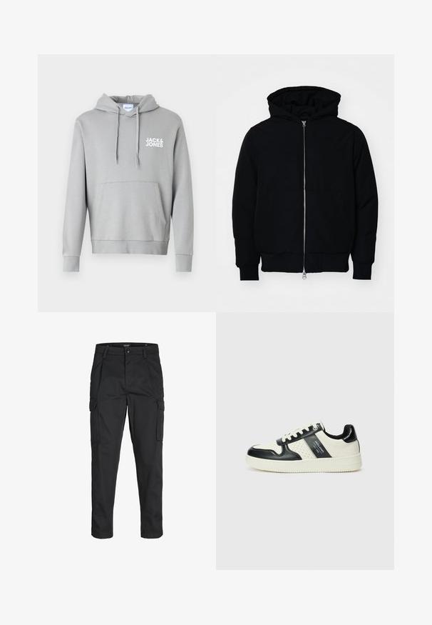 Črna kapuca jakna s sprednjim zadrgo, kenguru žepom, rebrastimi manšetami in hemom, razstavljena na enostavni beli ozadju.; Jack & Jones JJECORP LOGO HOOD - Pulover s kapuco - ultimate grey; Črne cargo hlače iz trdnega blaga, ki imajo več žepov, gumbasto zapiranje in ozek kroj z zožanimi nogami.; Usnjeni športni čevlji z črno in krem barvno shemo, ki vključujejo perforirane dodatke, podložen ovratnik in strukturirano podplat.