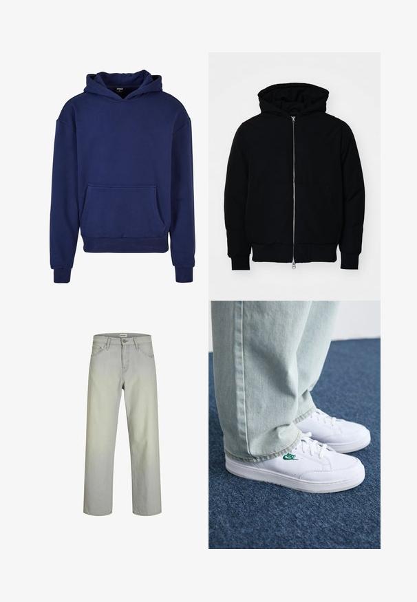 Fekete kapucnis dzseki elülső cipzárral, kenguruzsebbel, bordázott mandzsettákkal és aba, egy sima fehér háttér előtt.; Sötétkék kapucnis pulóver, puha anyagból készült, nagy elülső zsebbel, bordázott mandzsettákkal és szegéllyel, valamint húzózsinórral ellátott kapucnival.; Világosszürke, egyenes szabású farmernadrág klasszikus öt zsebes dizájnnal, gombos záródással és övhurkokkal. Simább tapintású denim anyagból készült.; Fehér bőr sportcipők zöld Nike logóval, kerek orral, lapos talppal, világoskék farmernadrággal párosítva, kék szőnyegen bemutatva.