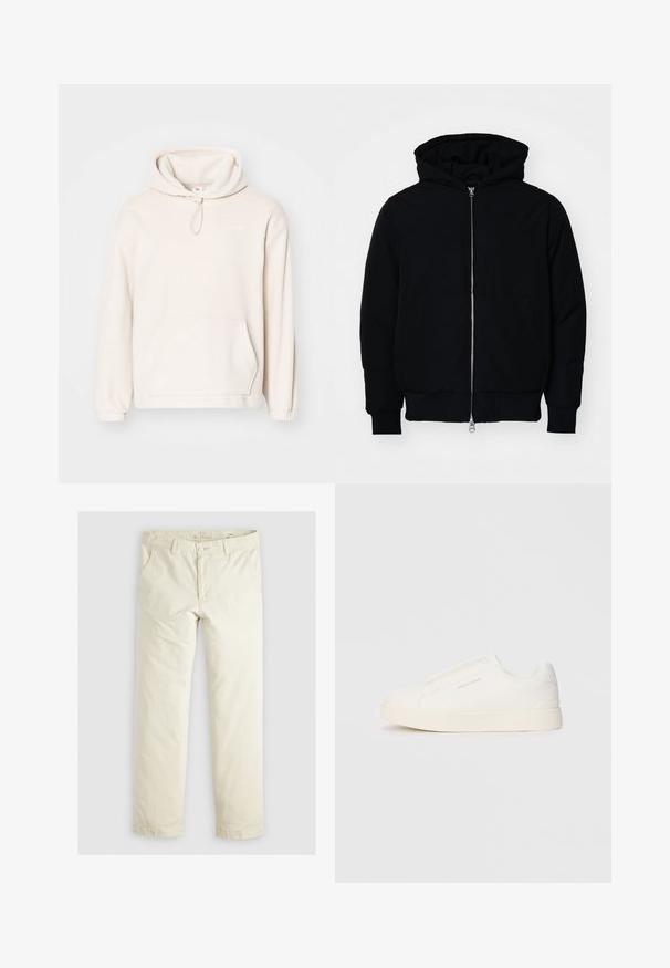 Sort hættejakke med frontlynlås, kængurulomme, ribbede manchetter og kant, præsenteret på en ensfarvet hvid baggrund.; Lyse beige hoodie lavet af blødt fleece-materiale. Har en hætte med snøre, en frontlomme, ribbede håndledder og minimal logo-detalje.; Lys beige løstsiddende bukser med tre lommer, bæltestropper og lige ben. Fremstillet af et blødt bomuldsblandingsstof.; Hvide slip-on sneakers med en struktureret overflade, en tyk sål og et minimalistisk design. Har brandlogoet på siden.