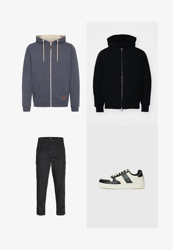 Svart hettejakke med frontglidelås, kengurulomme, ribbestrikket mansjetter og søm, vist på en ensfarget hvit bakgrunn.; Hettegenser med glidelås i mørkeblått stoff med kremfarget innside. Har en frontlomme, beige snorer og et brunt lærlogo merke.; Sorte cargo bukser laget av slitesterkt stoff, med flere lommer, knappelukking og en slim fit-design med avsmalnede ben.; Lædersneakers med sort og creme farveskema, der har perforerede detaljer, en polstret krave og en struktureret ydersål.