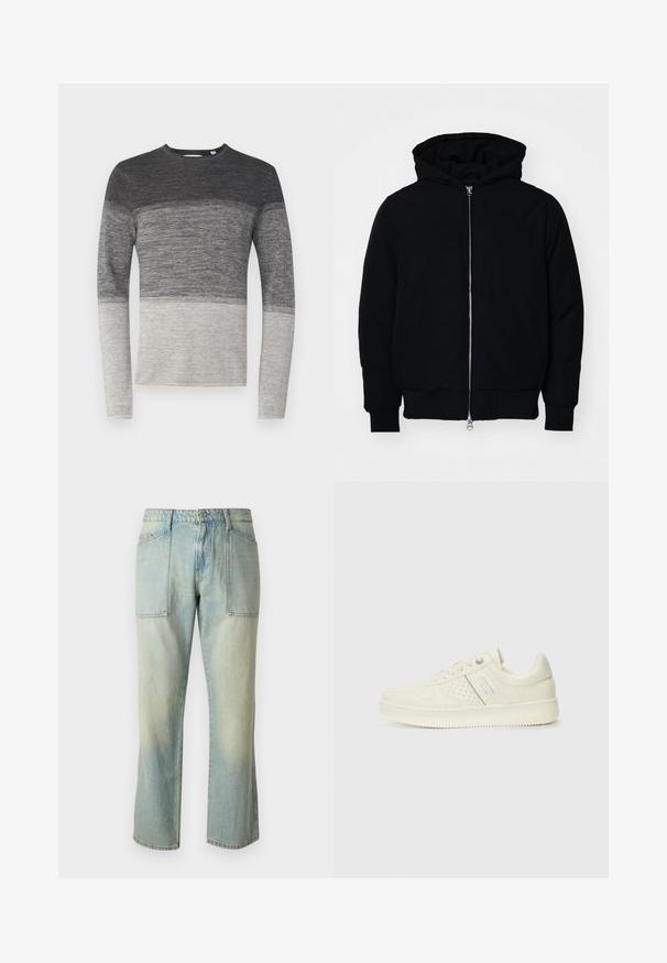 Black hooded jacket with front zipper, kangaroo pocket, ribbed cuffs, and hem, displayed on a plain white background.; Gray long-sleeve sweater with a color block design. Features a knit texture, transitioning from dark gray to light gray at the bottom.; Light blue denim jeans with a straight leg cut, visible stitching, and two large front pockets. The fabric has a faded texture.; Cream-colored sneaker with perforated detailing, laces, and logo on the side, displayed against a plain white background.