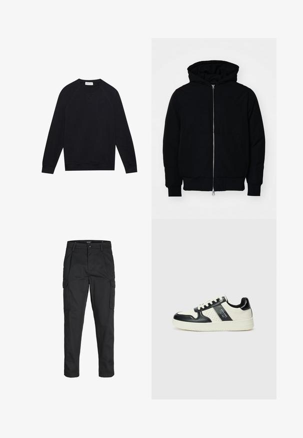 Svart huoodiejacka med framdragkedja, känguruficka, ribbade ärmslut och nederkant, uppställd mot en vit bakgrund.; Svart långärmad sweatshirt med rundad halsringning, ribbade ärmslut och fåll, synliga sömnadsdetaljer och en liten vit logotag inuti halsringningen.; Svarta cargobyxor tillverkade av hållbart tyg, med flera fickor, knappstängning och en smal passform med avsmalnande ben.; Läder sneakers med en svart och krämfärgad färgsättning, med perforerade detaljer, en vadderad krage och en strukturerad yttersula.