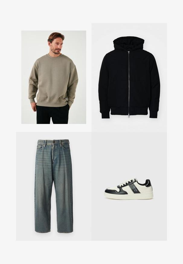 Mustaga kapuutsiga jakk, millel on esineed, kenguru tasku, soonikkoes, ja alläär, esitatud lihtsal valgel taustal.; Olivaroheline dressipluus, mis on valmistatud tekstuurilisest kangast, millel on ümmargune kaelus, langenud õlad ja väike logo silt allääres.; Heledad sinine denim-stiilis teksad, volüümse lõike, keskmise kõrgusega talje ja sirgete säärega. Omab viit taskut, vöökumme ja nööpide sulgemist.; Nahatud nahkkingad musta ja kreemi värviskeemiga, millel on perforeeritud aktsendid, pehme krae ja tekstureeritud tallad.