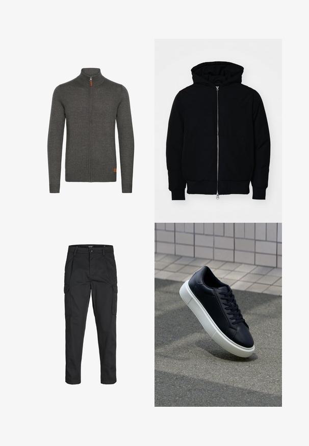 Svart hettejakke med frontglidelås, kengurulomme, ribbestrikket mansjetter og søm, vist på en ensfarget hvit bakgrunn.; Grå hettegensere med høyt krage, rilletekstur og liten lærdetalj nederst til venstre. Lange ermer og tettsittende design.; Sorte cargo bukser laget av slitesterkt stoff, med flere lommer, knappelukking og en slim fit-design med avsmalnede ben.; Sorte skinnsneakers med rund tå og hvit gummisåle. Har flate lisser og minimal søm på overdelen. Strukturert såle for grep.