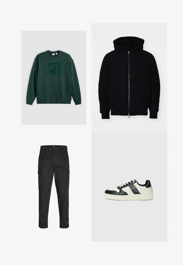 Black hooded jacket with front zipper, kangaroo pocket, ribbed cuffs, and hem, displayed on a plain white background.; Dark green sweatshirt made of cotton, featuring a large embossed "LEVI'S" logo centered on the front, with ribbed cuffs and hem.; Black cargo pants made of sturdy fabric, featuring multiple pockets, a button closure, and a slim fit design with tapered legs.; Leather sneakers with a black and cream color scheme, featuring perforated accents, a padded collar, and a textured outsole.
