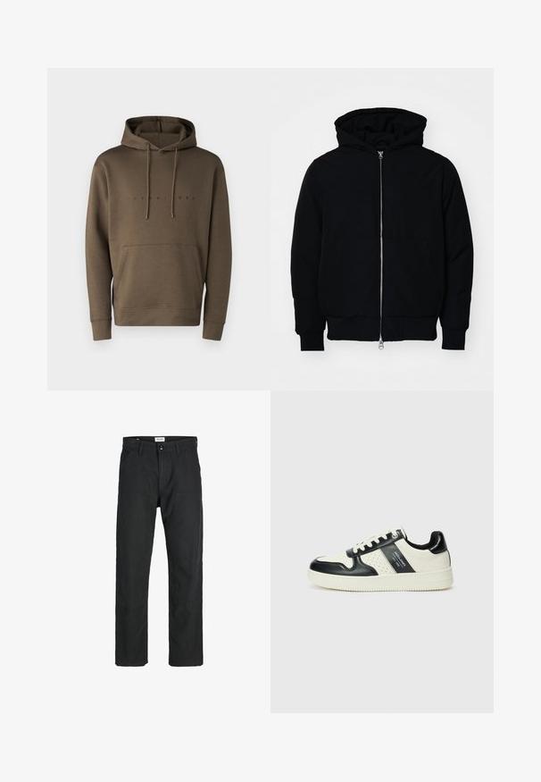 Giacca nera con cappuccio, dotata di zip frontale, tasca a marsupio, polsini e orlo a coste, esposta su uno sfondo bianco semplice.; Felpa con cappuccio marrone e lacci, tasca a marsupio anteriore e logo stampato in nero sul petto. Tessuto morbido.; Pantaloni neri realizzati in tessuto resistente, caratterizzati da un design a gamba dritta, dettagli cuciti e due tasche frontali per la funzionalità.; Sneakers in pelle con una combinazione di colori nero e crema, dotati di dettagli perforati, collare imbottito e suola testurizzata.