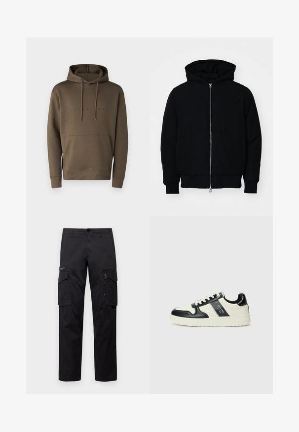 Sort hættejakke med frontlynlås, kængurulomme, ribbede manchetter og kant, præsenteret på en ensfarvet hvid baggrund.; Brun hættetrøje med snore, front kangaroo-lomme og et trykt logo i sort over brystet. Blødt stof.; Sorte cargo-bukser med multiple lommer, en lynlåslomme på låret, lige pasform og holdbart bomuldsstof med let glans.; Lædersneakers i sort og creme farveskema, med perforerede detaljer, en polstret krave og en struktureret ydersål.