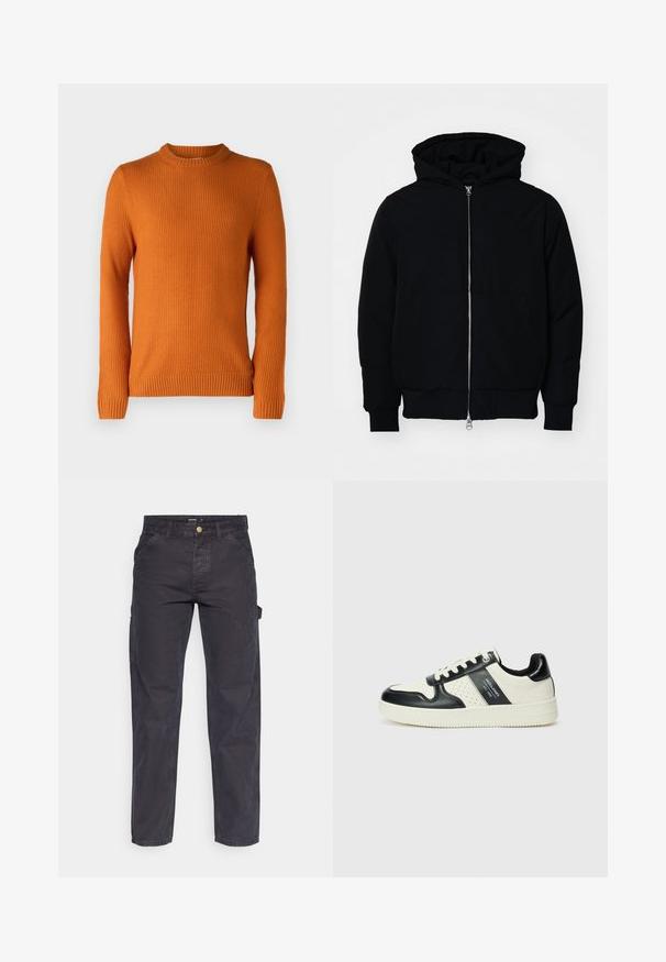 Crna kapuška jakna s prednjim zatvaračem, kenguru džepom, rebrastim manžetama i rubom, prikazana na običnoj bijeloj pozadini.; Jack & Jones JJROY KNIT CREW NECK - Vesta - marmalade; Tamno sivi cargo hlače od izdržljivog materijala, s ravnim krojem, pet džepova i kopčanjem na dugme u struku.; Kožne tenisice s crno-bijelom paletom boja, koje imaju perforirane akcentne detalje, podstavljeni ovratnik i teksturiranu potplat.