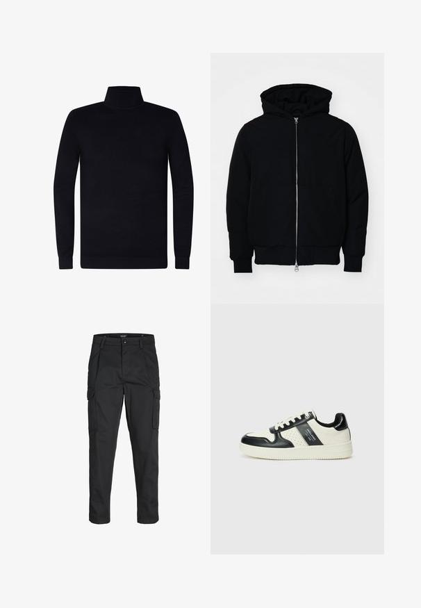Schwarze Kapuzenjacke mit Frontreißverschluss, Kängurutasche, gerippten Bündchen und Saum, auf einem schlichten weißen Hintergrund präsentiert.; Schwarzer Rollkragenpullover, mit gerippten Bündchen und Kragen, weicher Strickstoff, leichtes Design, lange Ärmel, keine sichtbaren Marken oder Muster.; Schwarze Cargo-Hose aus robustem Material, mit mehreren Taschen, einem Knopfverschluss und einem Slim-Fit-Design mit schmal zulaufenden Beinen.; Leder-Sneaker in Schwarz- und Cremetönen, mit perforierten Akzenten, einem gepolsterten Kragen und einer strukturierten Laufsohle.
