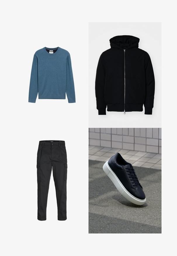 Veste à capuche noire avec fermeture éclair sur le devant, poche kangourou, poignets et ourlet côtelés, présentée sur un fond blanc uni.; Sweatshirt bleu à col rond fabriqué en coton doux, avec des manches longues, des poignets et un ourlet côtelés, et un petit logo sur le devant.; Pantalons cargo noirs en tissu résistant, dotés de plusieurs poches, d'une fermeture par bouton et d'une coupe slim avec des jambes fuselées.; Baskets noires en cuir avec bout arrondi et semelle en caoutchouc blanc. Elles présentent des lacets plats et une couture minimale sur la tige. Semelle texturée pour une bonne adhérence.