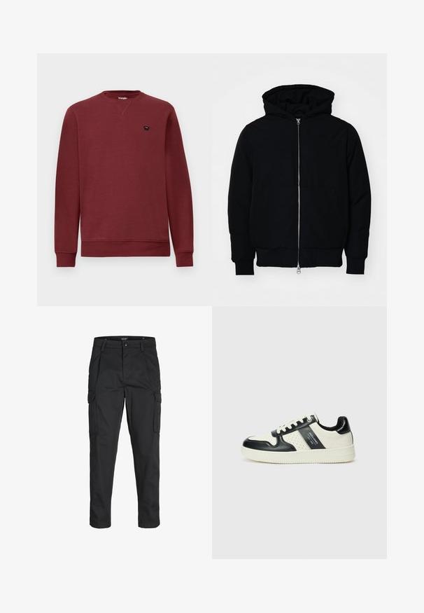 Melna kapucēta jaka ar priekšējo rāvējslēdzēju, kenguru kabatu, ribinātām aprocēm un apakšmalu, parādīta uz vienkārša balta fona.; Burgundijas kreklus ar apaļu kakla izgriezumu, garām piedurknēm, ribotām aprocēm un apakšmalu. Uz kreisās krūts ir mazs melns logs.; Melnas kravas bikses, izgatavotas no izturīga auduma, ar vairākiem kabatām, pogu aizdari un šaura piegriezuma dizainu ar sašaurinātiem kāju apakšiem.; Ādas sporta apavi ar melnbaltu krāsu shēmu, ar perforētiem akcentiem, mīkstinātu apkakli un teksturētu zoli.