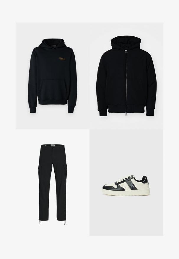 Giacca nera con cappuccio, dotata di zip frontale, tasca a marsupio, polsini e orlo a coste, esposta su uno sfondo bianco semplice.; Abercrombie & Fitch SCRIPT LOGO - Felpa con cappuccio - casual black; Pantaloni cargo neri con taglio dritto, dotati di tasche laterali, chiusura con bottone e coulisse elastiche alle caviglie. Realizzati in tessuto resistente.; Sneakers in pelle con una combinazione di colori nero e crema, dotati di dettagli perforati, collare imbottito e suola testurizzata.