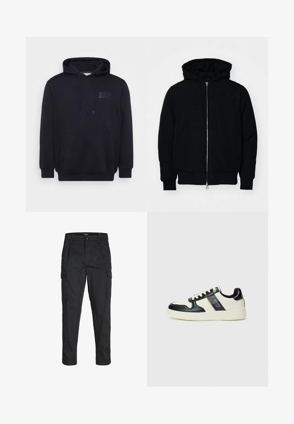Giacca nera con cappuccio, dotata di zip frontale, tasca a marsupio, polsini e orlo a coste, esposta su uno sfondo bianco semplice.; Felpa nera con cappuccio realizzata in misto cotone, dotata di tasca a marsupio frontale, cappuccio con cordino e un discreto design del logo sul petto.; Pantaloni cargo neri realizzati in un tessuto resistente, dotati di molteplici tasche, chiusura con bottone e un design aderente con gambe affusolate.; Sneakers in pelle con una combinazione di colori nero e crema, dotati di dettagli perforati, collare imbottito e suola testurizzata.